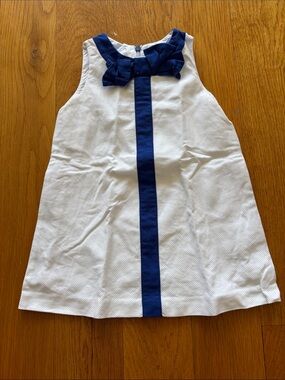 Jacadi White Dress with Navy Stripe and Bow